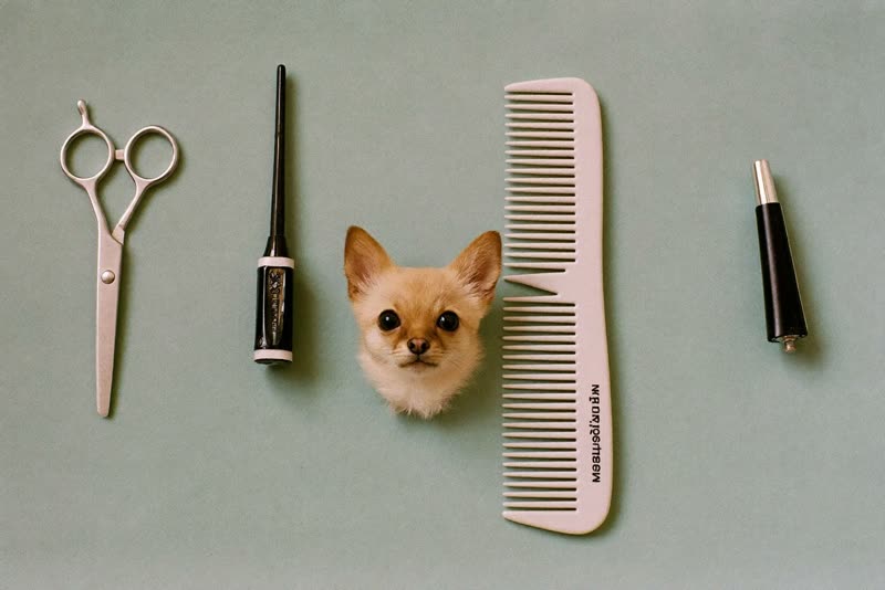 Grooming scissors, a comb and a slicker brush laid out on a clean surface